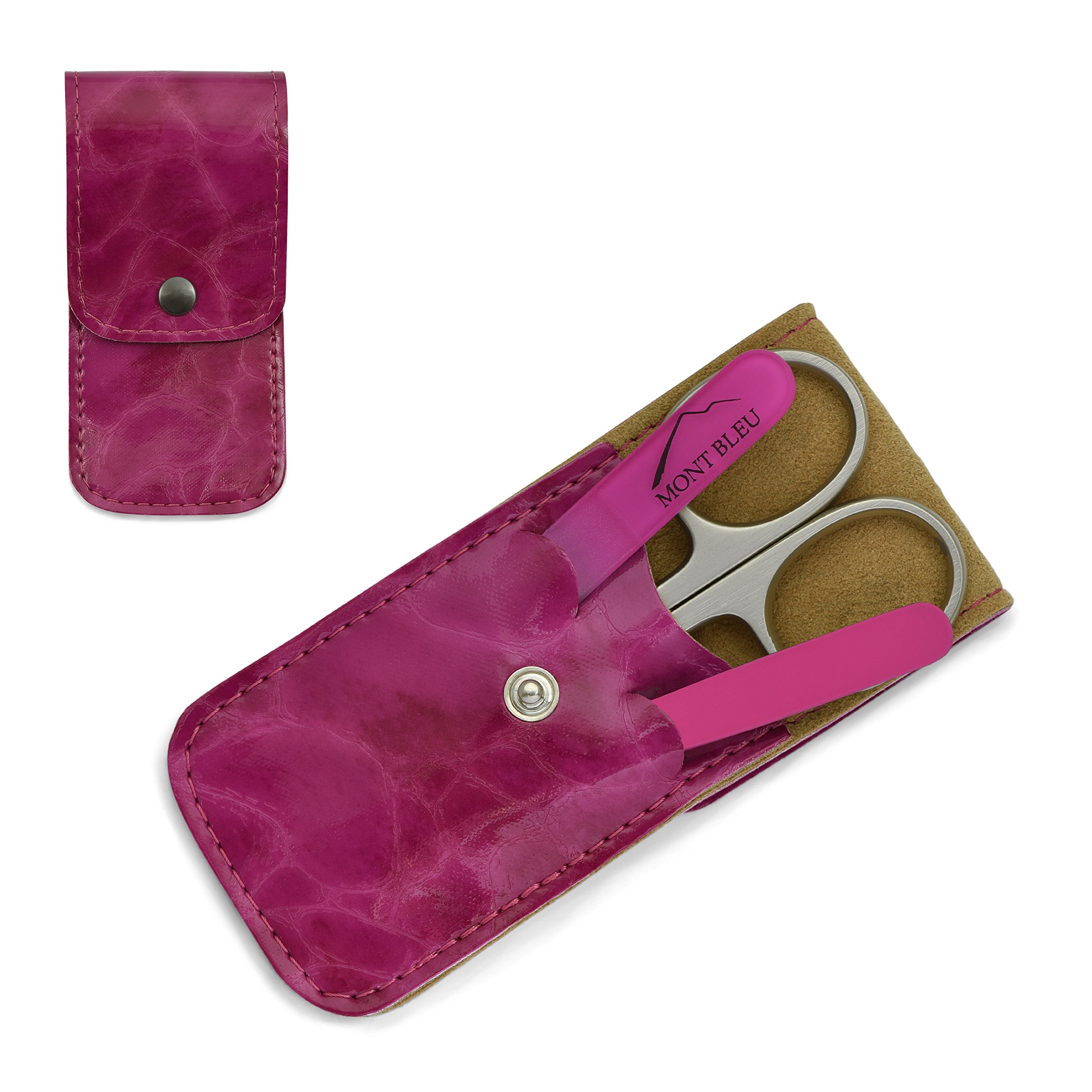 Mont Bleu 3-piece Manicure Set with crystal nail file, in Cruelty Free Pink Leatherette Case | Italian Scissors - Pink Czech Crystal Nail File - German Case - Image 3