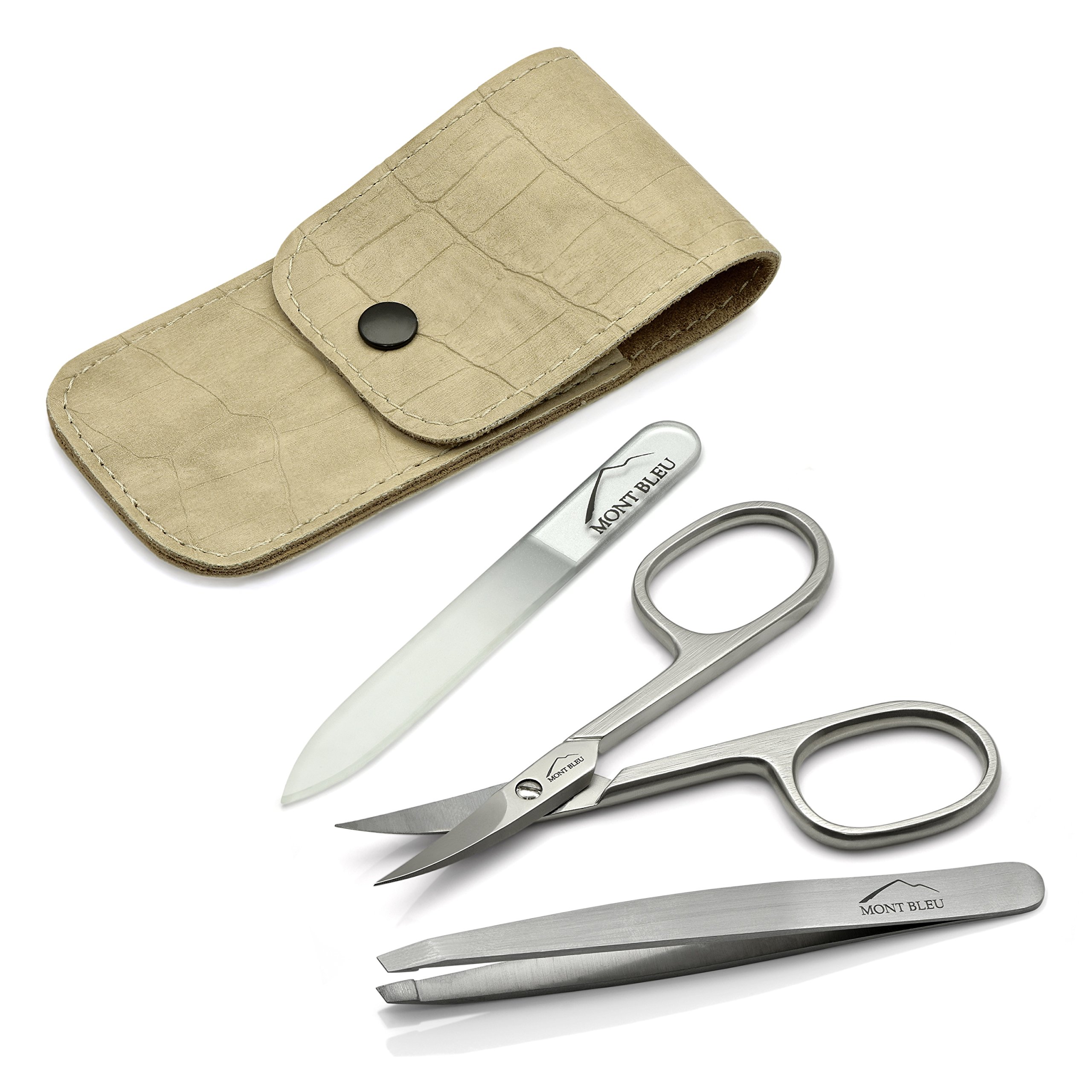 Mont Bleu 3-piece Manicure Set with crystal nail file, in Cruelty Free Leatherette Case | Italian Scissors - Czech Crystal Nail File - German Case - Image 3