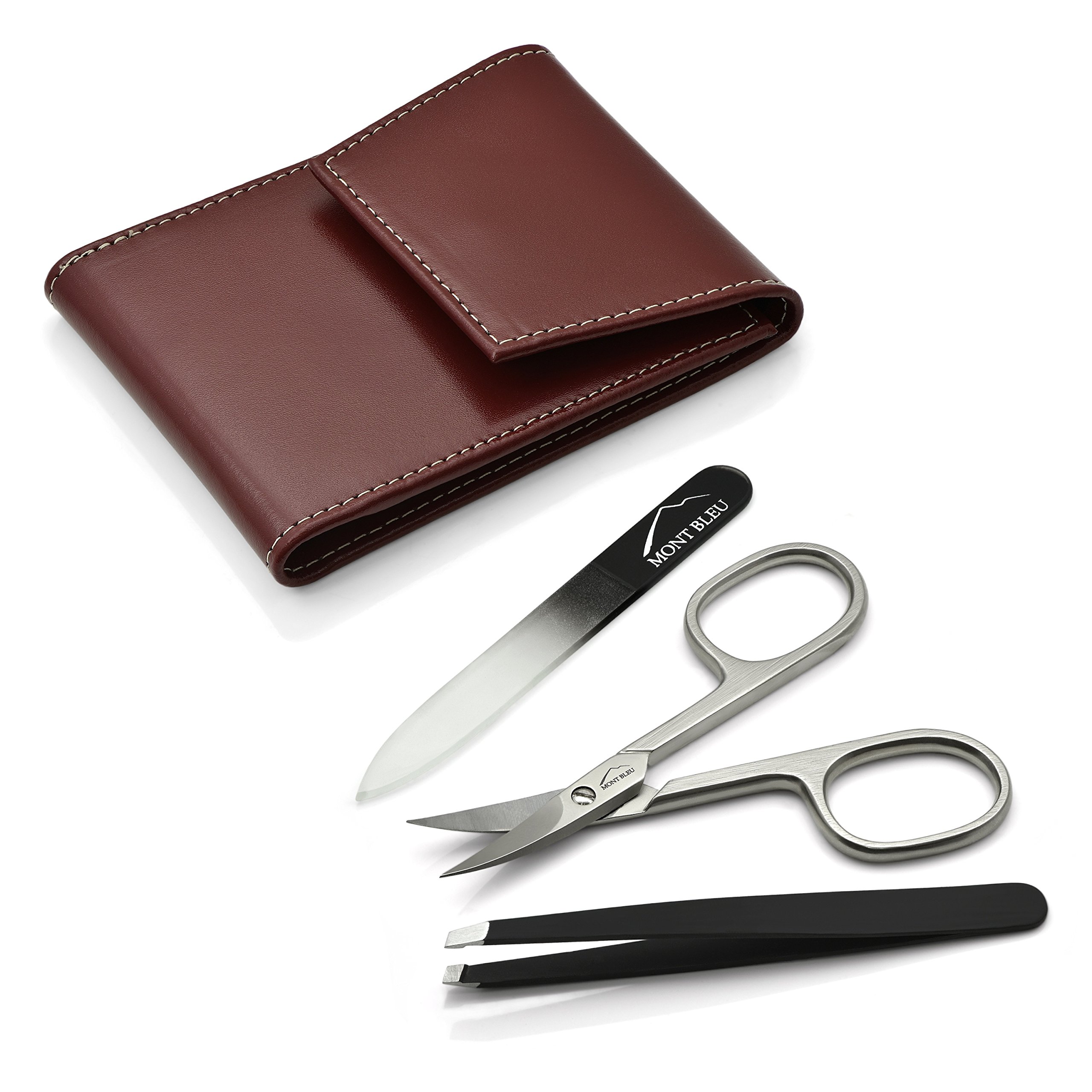 Mont Bleu 3-Piece Manicure Set with Mirror and Crystal Nail File, in Premium Red Leathere Case | Italian Scissors - Czech Crystal Nail File - Unique German Case with a Mirror - Image 3