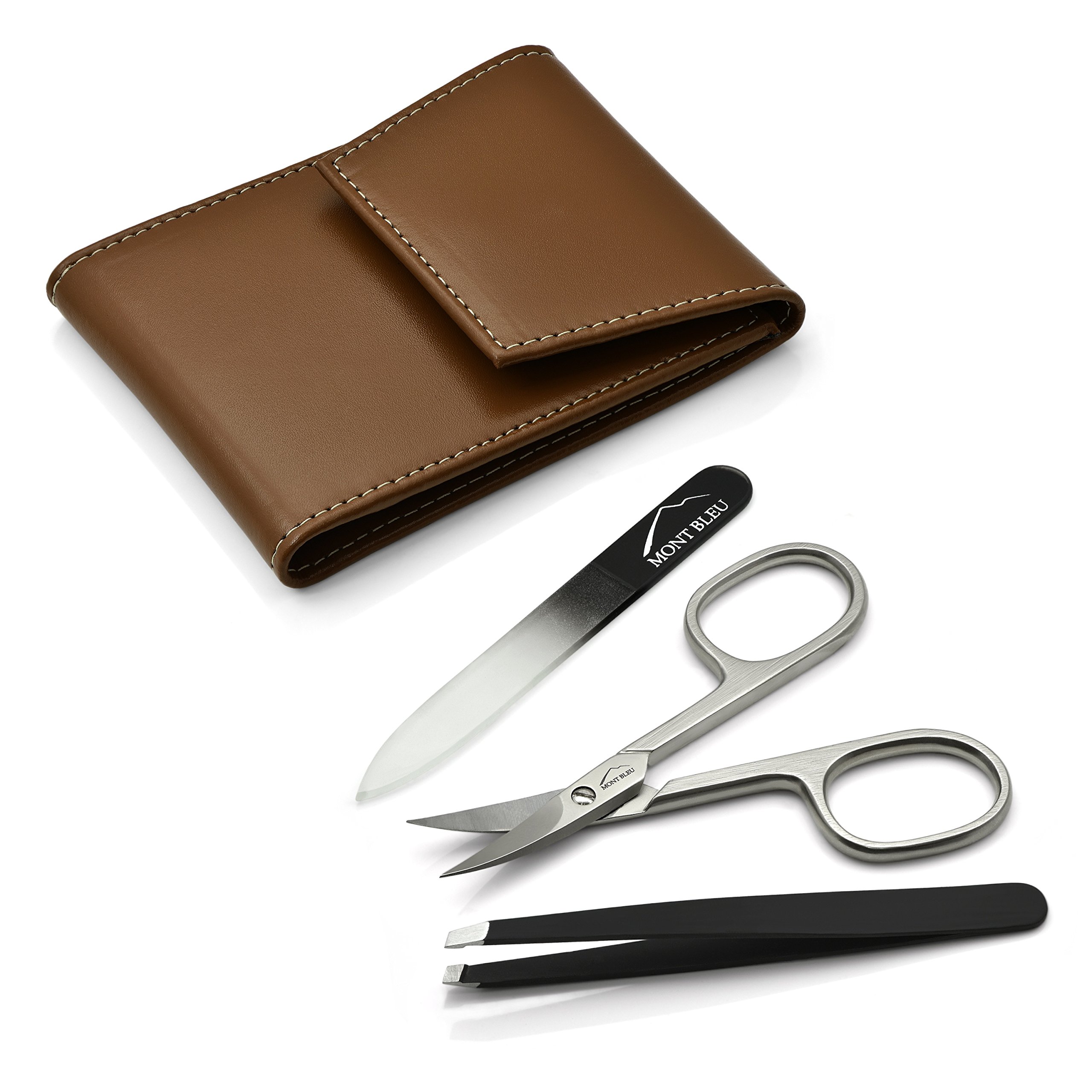 Mont Bleu 3-piece Manicure Set with Mirror and Crystal Nail File, in Premium Light Brown Leathere Case | Italian Scissors - Czech Crystal Nail File - Unique German Case with a Mirror - Image 3