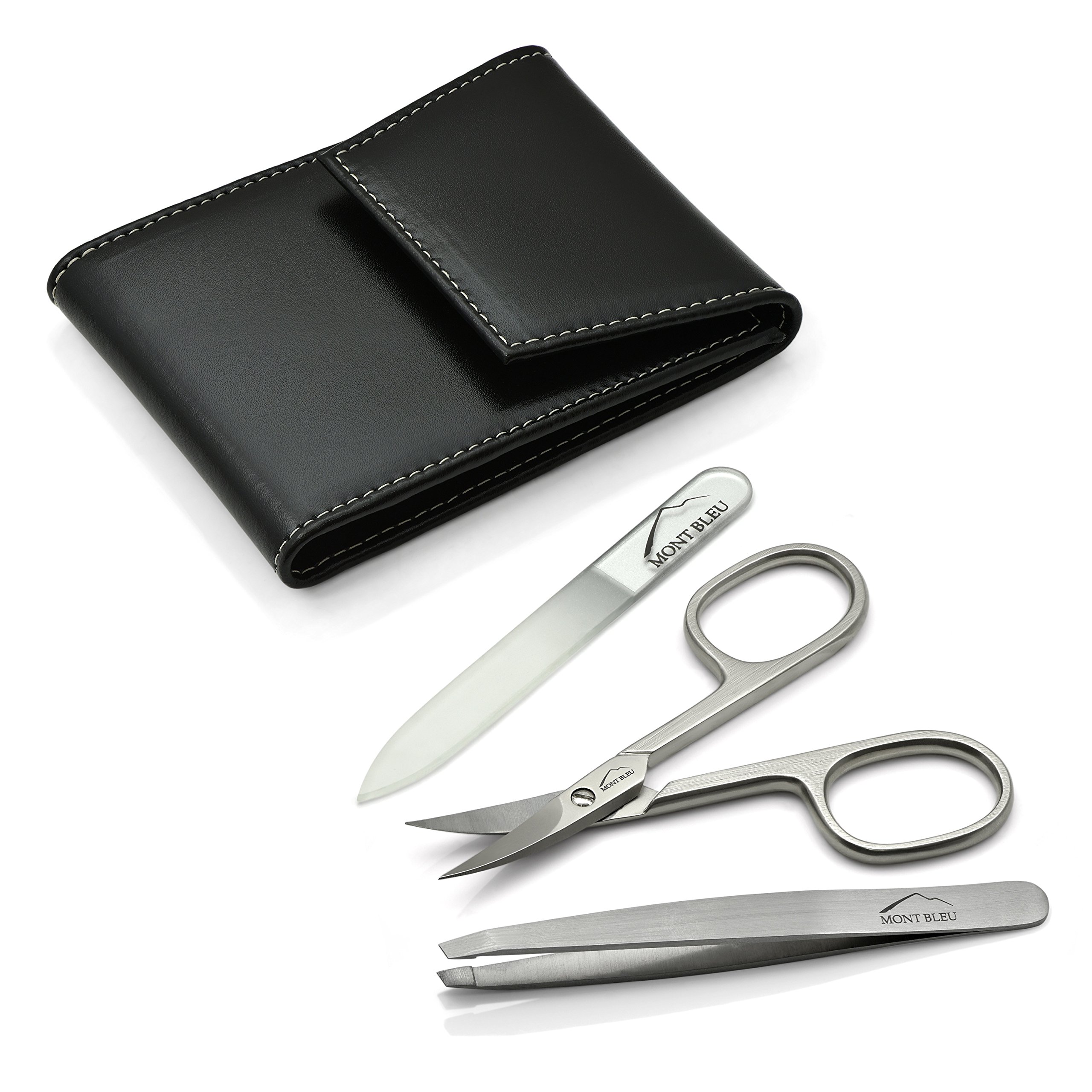 Mont Bleu 3-piece Manicure Set with Mirror and Crystal Nail File, in Premium Black Leathere Case | Italian Scissors - Czech Crystal Nail File - Unique German Case with a Mirror - Image 3